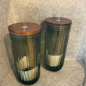 Hearth & Hand Green Glass Tumblers with Dark Wood Lids